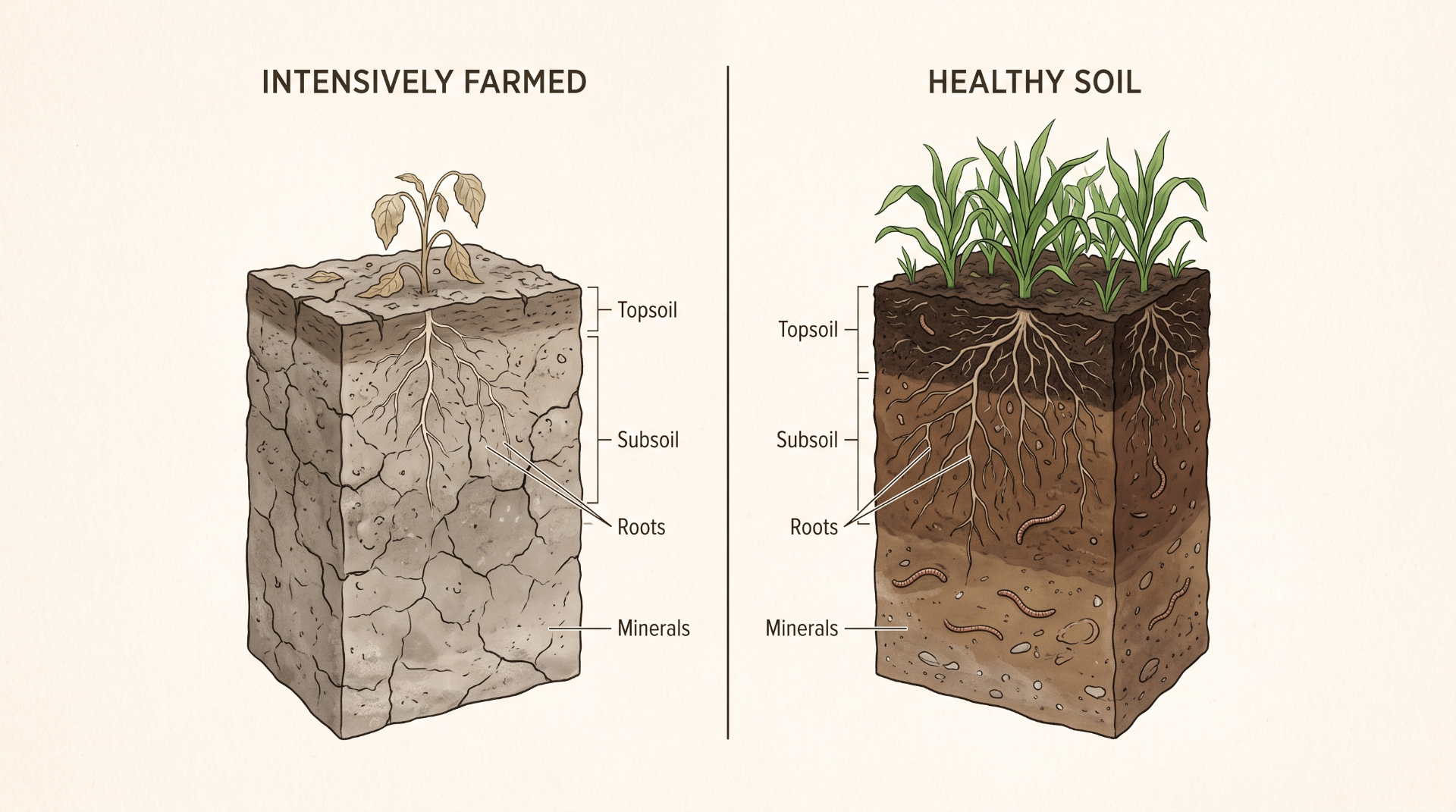 Cross-section comparing intensively farmed depleted soil and healthy soil, showing topsoil, subsoil, roots and mineral layers