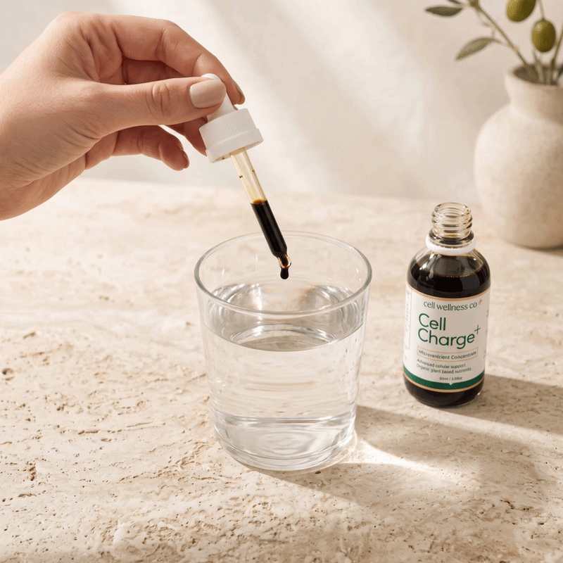 A few drops of Cell Charge+ concentrate being added to a glass of water
